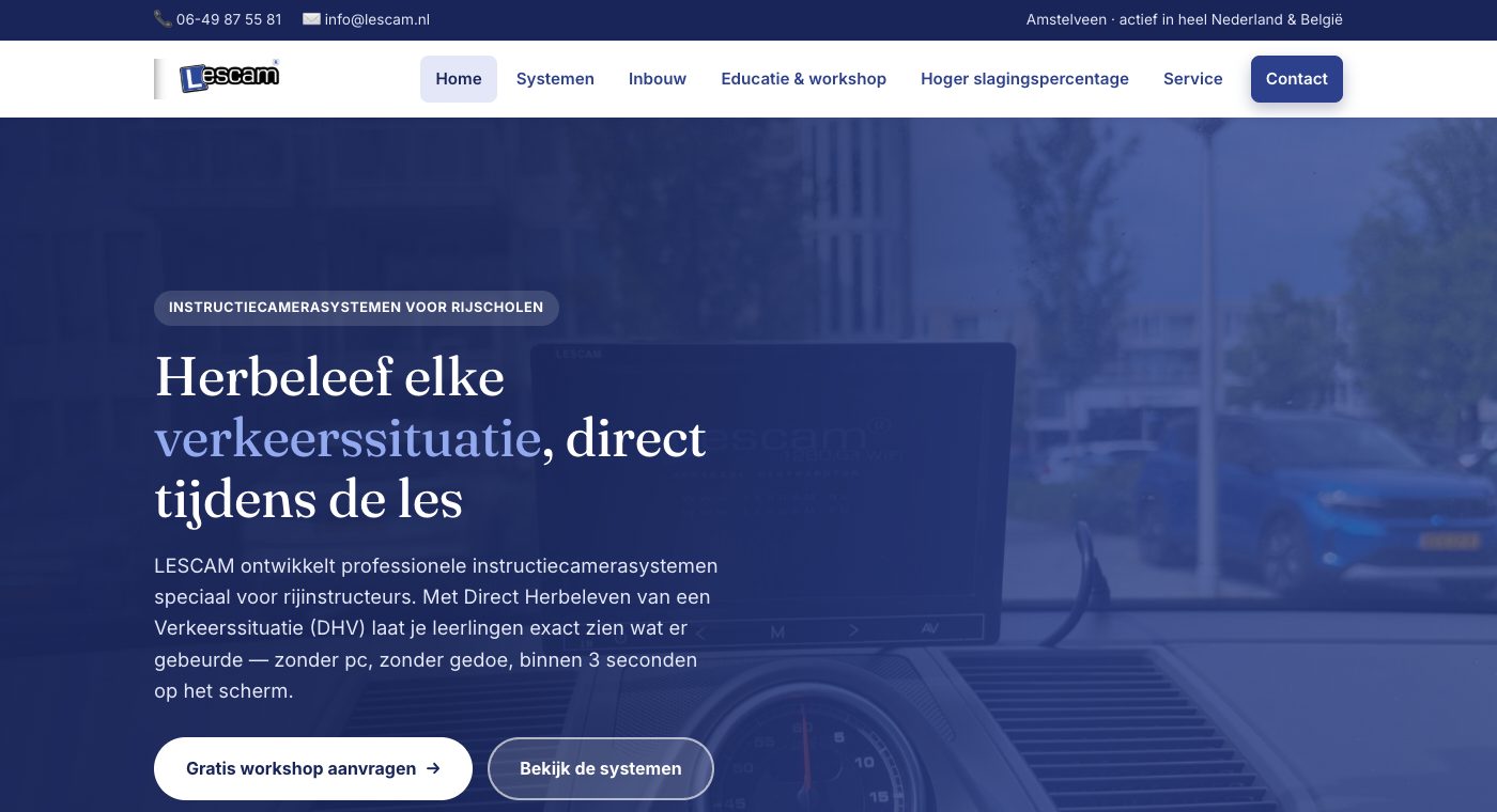Schermafbeelding van de homepage van lescam.nl, het instructiecamerasysteem voor rijscholen